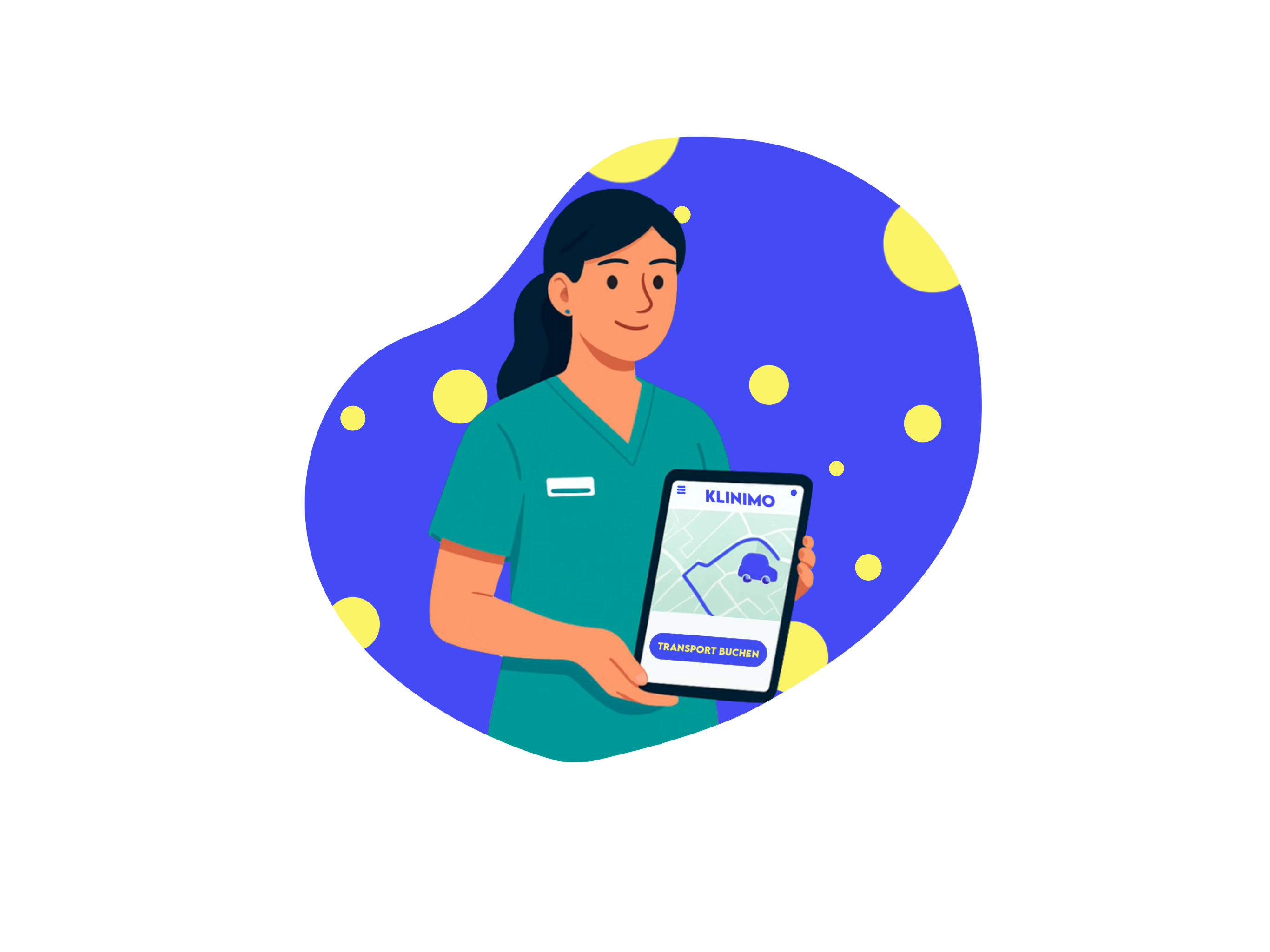 Eine Pflegekraft die keine Telefon mehr benutzt und Krankentransporte nur doch digital über Klinimo bestellt
